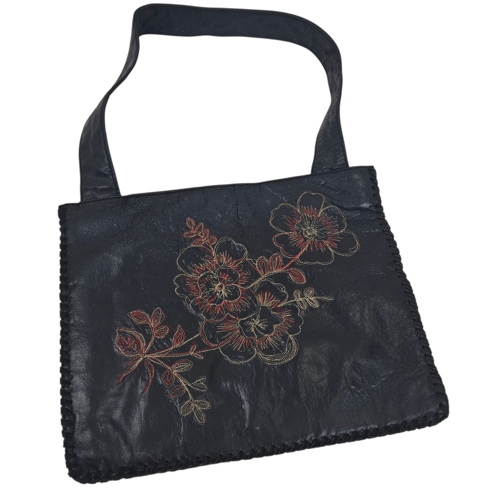 Vtg Chico's Leather Shoulder Bag Floral Embroidered Art to Wear Whipstitch Black